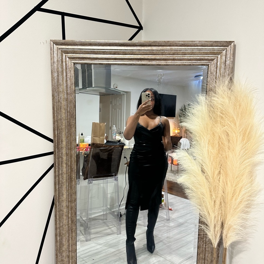 Black leather high split dress